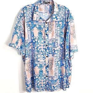 Mcedar Men's Buttondown Short Sleeve Shirt, Light Blue & Cream Print, Size 3X